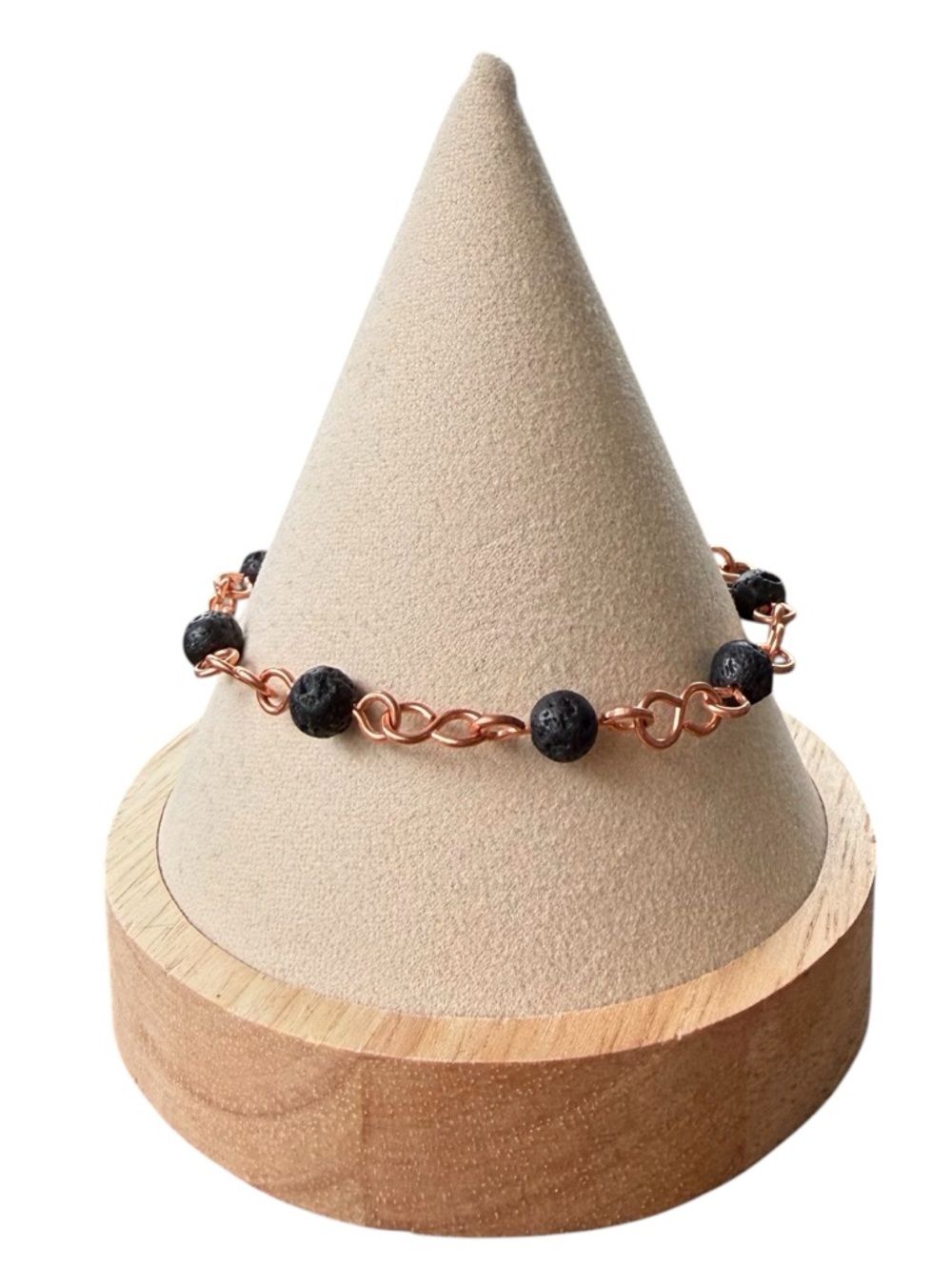 Copper Wire Figure 8 Chain Link Bracelet with Black Lava Beads Size 7 (7.75”)